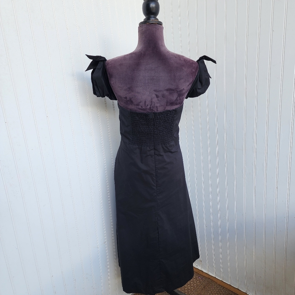 Ann Taylor Off Shoulder SMOCKED Back A-Line DRESS Black Short Sleeve Tie Sz 14 - Picture 6 of 14